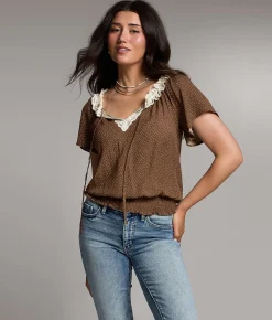 Tops | BKE Polka Dot Lace Top Coco Cream