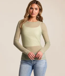Tops | Willow & Root Polka Dot Mesh Top Laurel Green