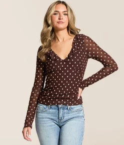 Tops | Willow & Root Polka Dot Mesh Top With Detachable Scarf Brown White