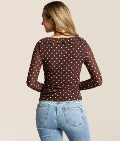 Tops | Willow & Root Polka Dot Mesh Top With Detachable Scarf Brown White