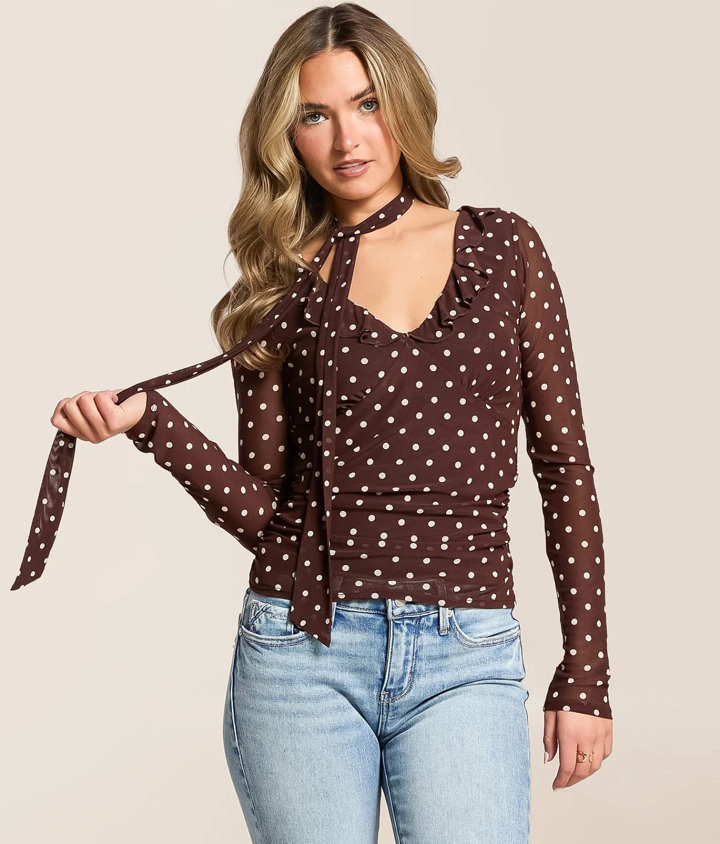 Tops | Willow & Root Polka Dot Mesh Top With Detachable Scarf Brown White