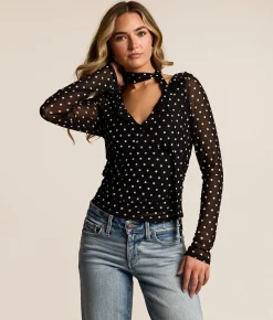 Tops | Willow & Root Polka Dot Mesh Top With Detachable Scarf Black