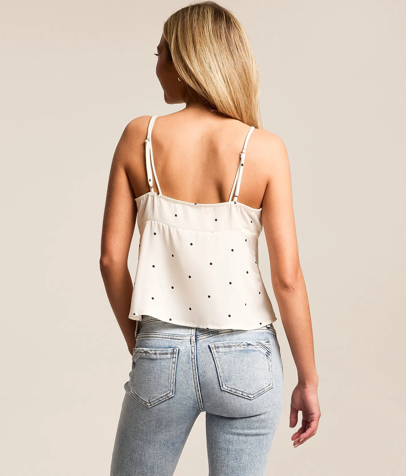Lush Polka Dot Satin Tank Top Ivory Black Dot Clearance