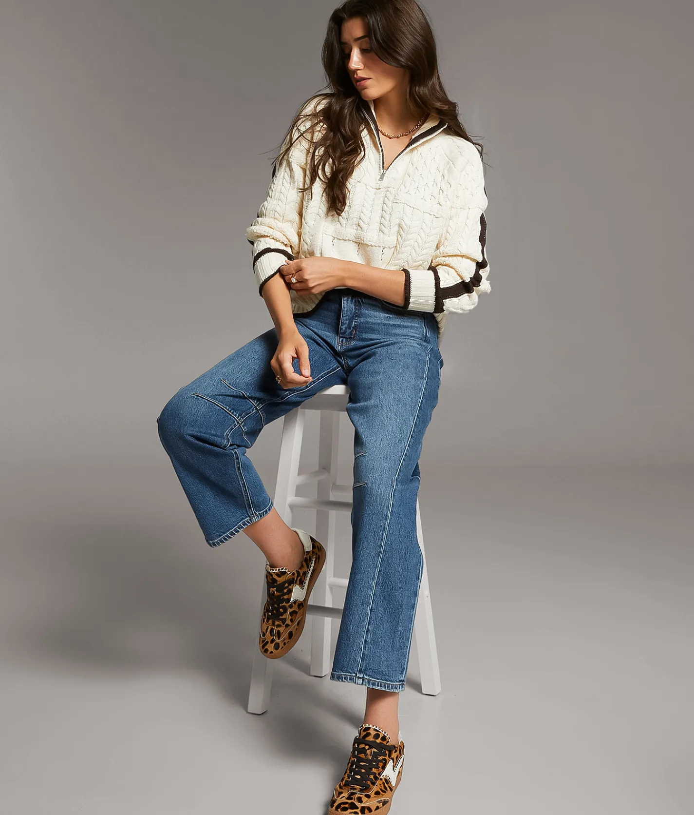 Tops | BKE Prep Edit - Mixed Cable Knit Sweater Cream Brown