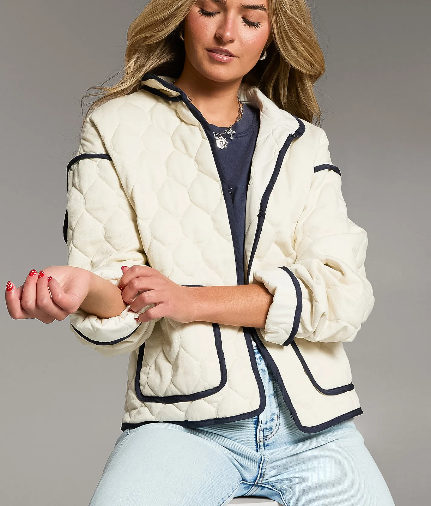 BKE Prep Edit - Quilted Jacket Cream Navy Best