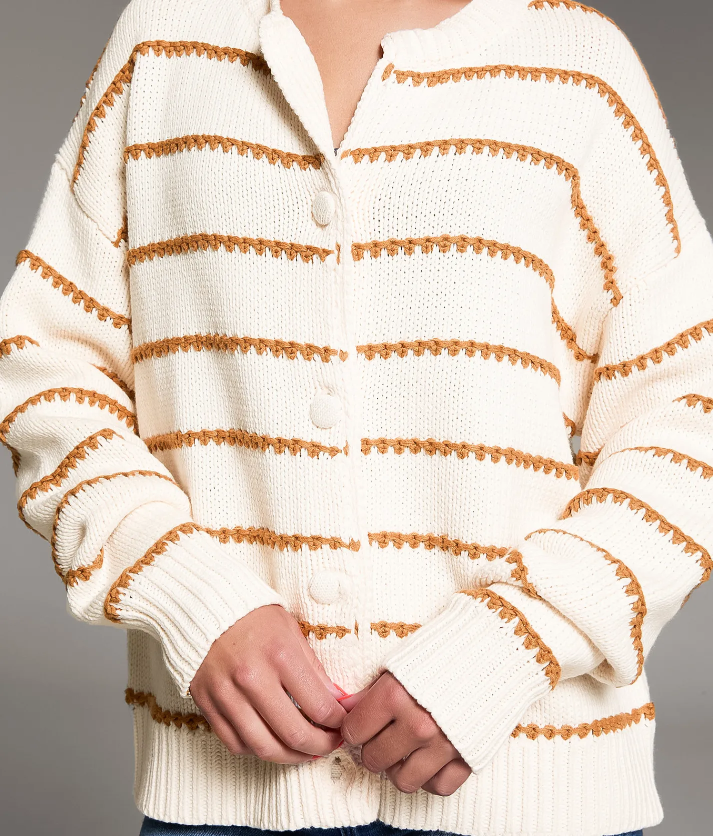 BKE Prep Edit - Striped Cardigan Sweater Cream Biscuit Discount