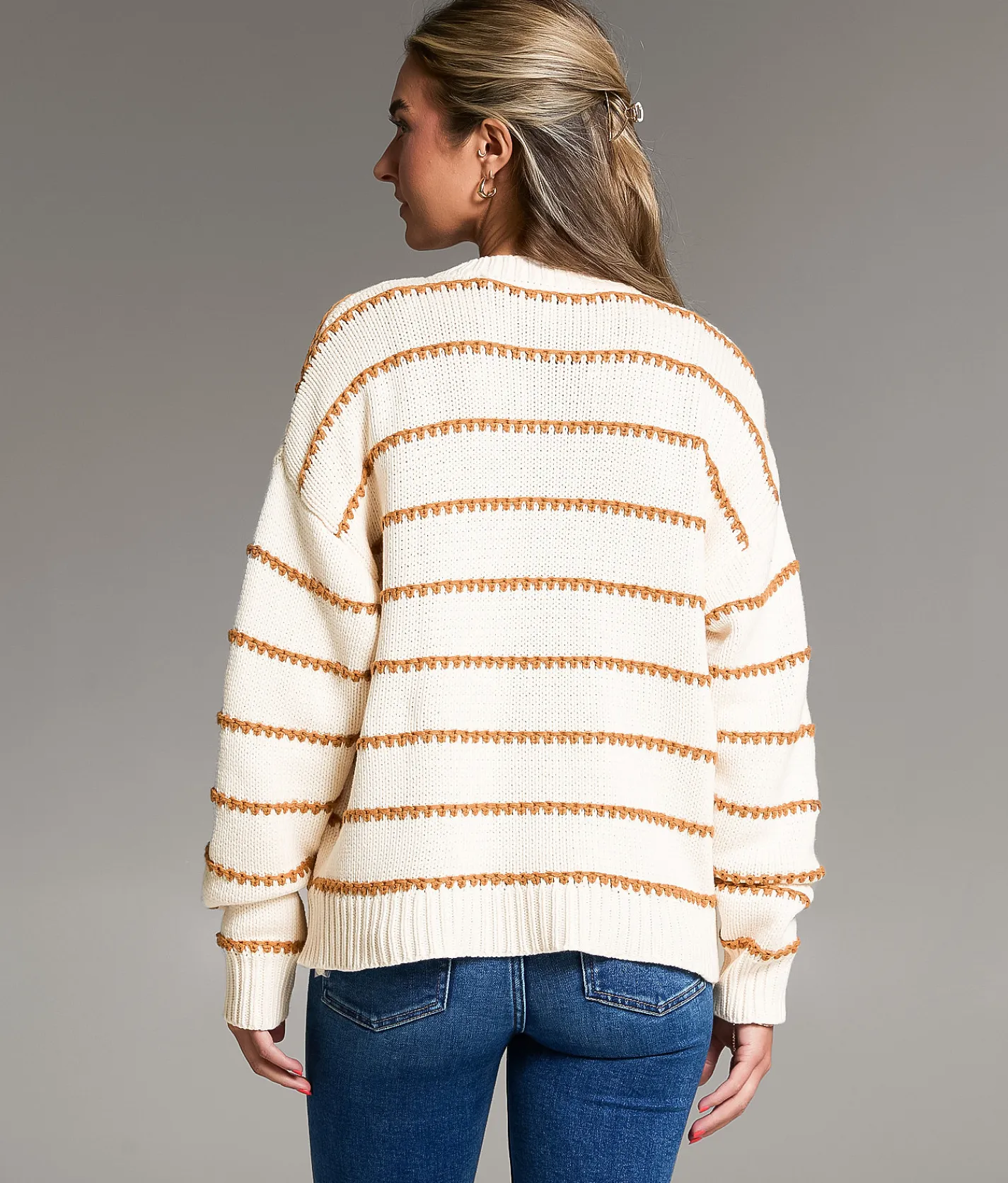 BKE Prep Edit - Striped Cardigan Sweater Cream Biscuit Discount