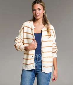 BKE Prep Edit - Striped Cardigan Sweater Cream Biscuit Discount