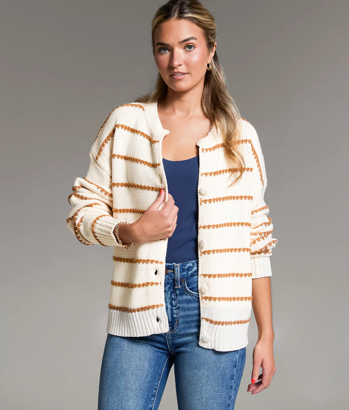 BKE Prep Edit - Striped Cardigan Sweater Cream Biscuit Discount