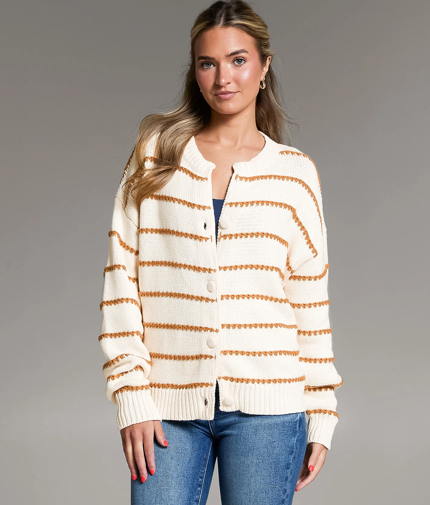 BKE Prep Edit - Striped Cardigan Sweater Cream Biscuit Discount