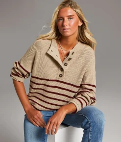 Tops | BKE Prep Edit - Striped Henley Sweater Taupe Andora