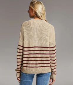 Tops | BKE Prep Edit - Striped Henley Sweater Taupe Andora