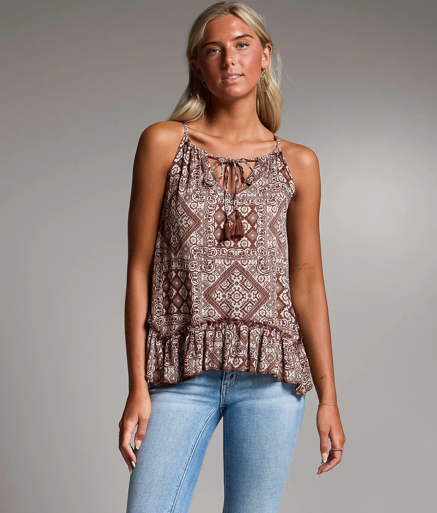 BKE Printed Ruffle Tank Top Brown Sale