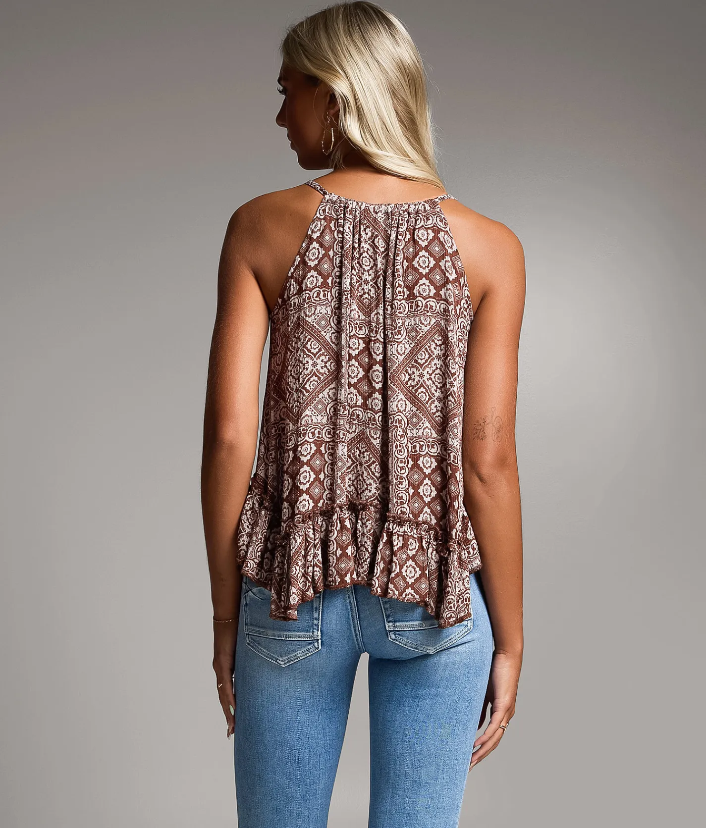BKE Printed Ruffle Tank Top Brown Sale