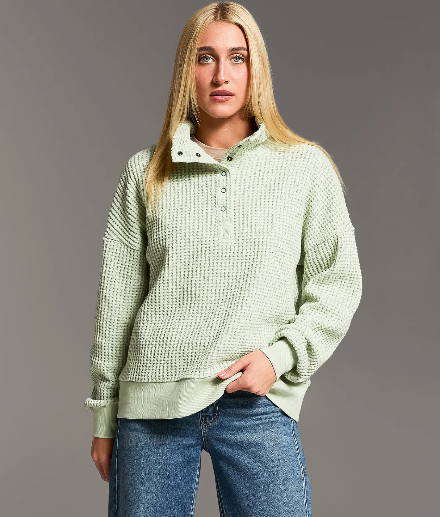 BKE Quarter Snap Waffle Knit Pullover Sage Clearance