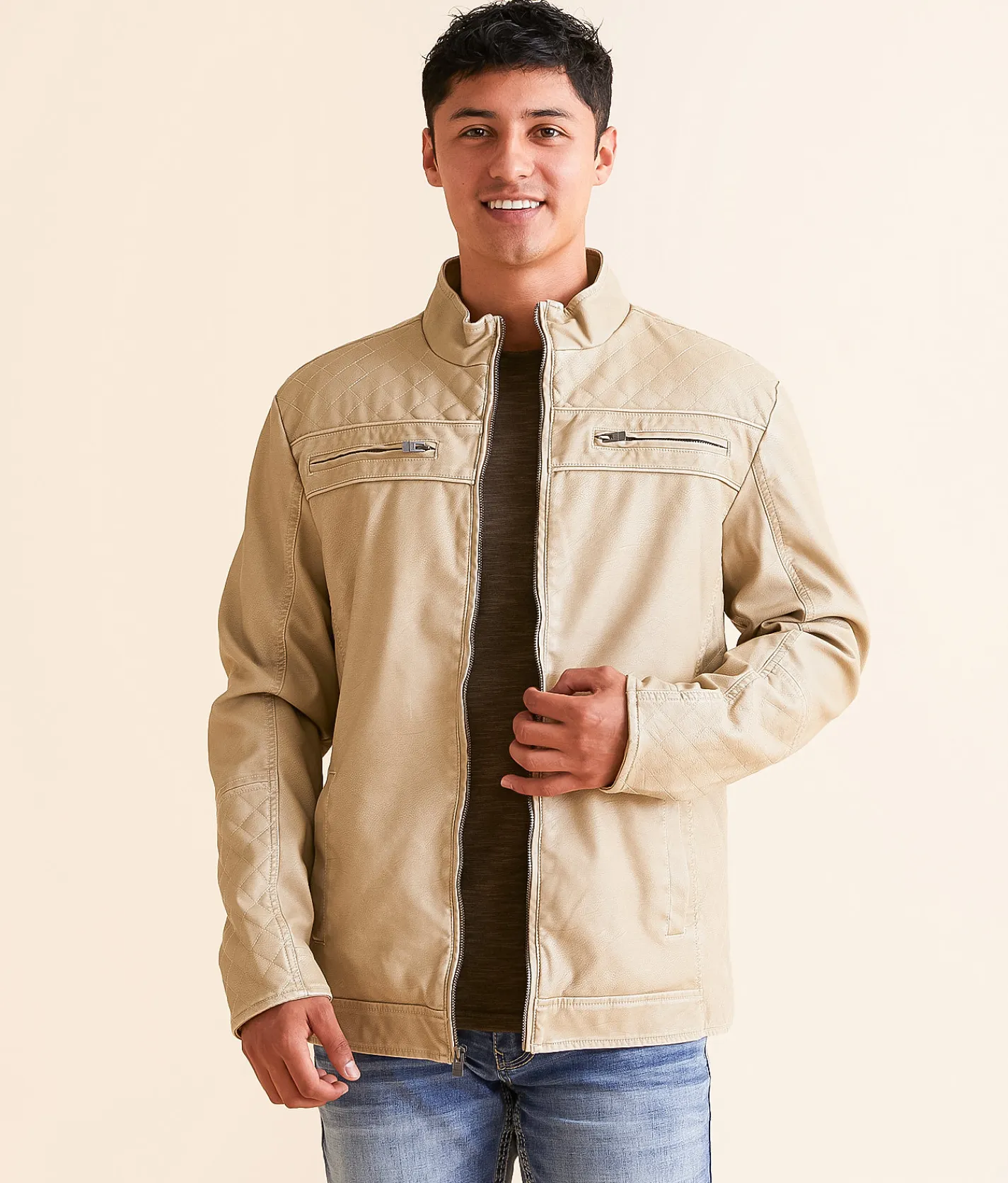 Buckle Black Quilted Pleather Jacket Cream Sale