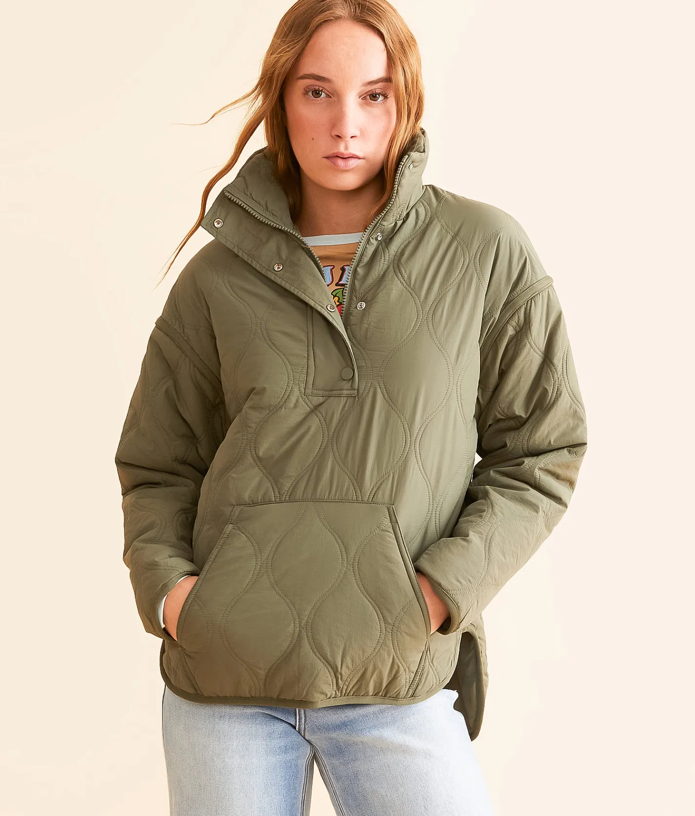 Tops | BKE Quilted Quarter Snap Pullover Olive