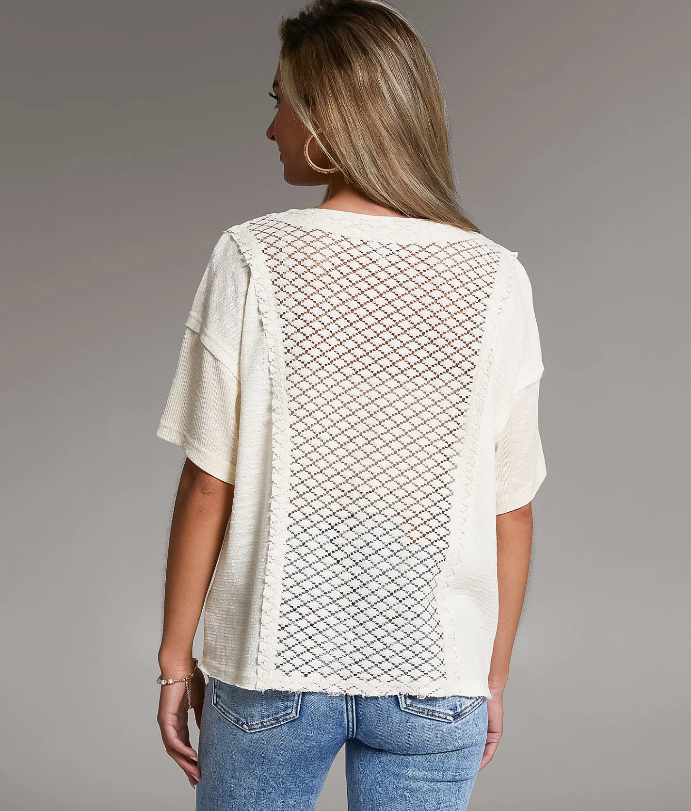 BKE Raw Edge Crochet Henley White Hot