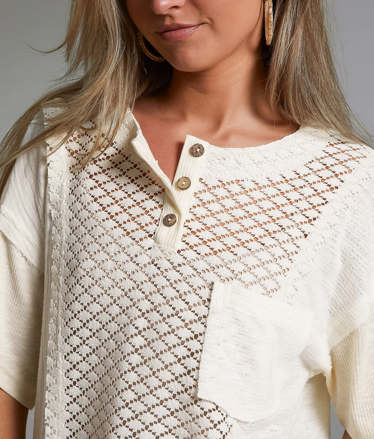 BKE Raw Edge Crochet Henley White Hot