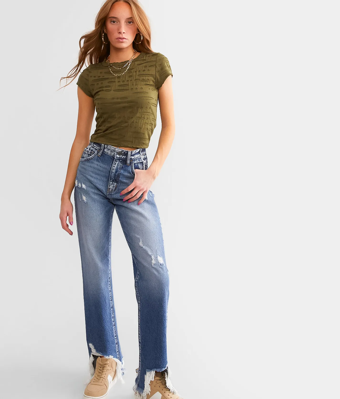 Tops | Gilded Intent Raw Edge Cropped T-Shirt Olive