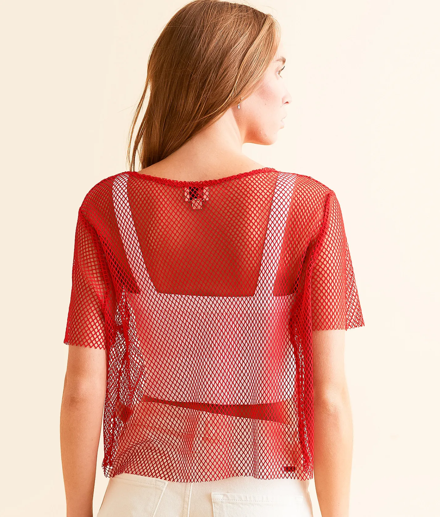 DH Apparel Raw Edge Fishnet Jersey Cropped Top Red Clearance