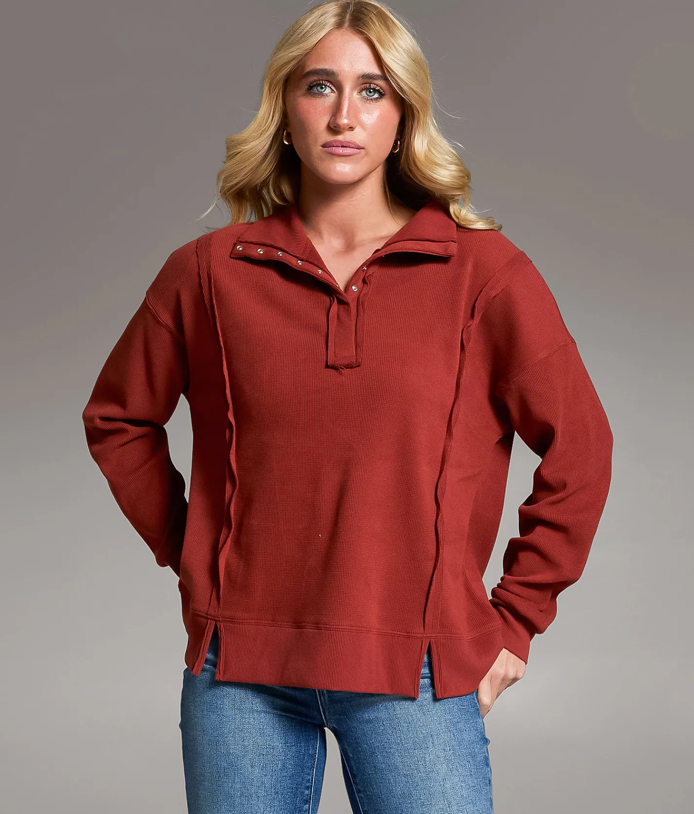Tops | BKE Raw Edge Henley Pullover Desert Taupe