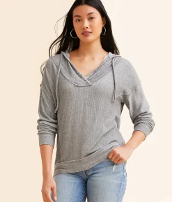 Tops | BKE Raw Edge Hooded Henley Charcoal