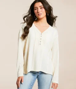 Tops | BKE Raw Edge Pieced Henley Cream