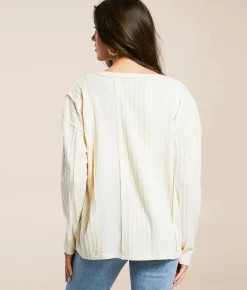 Tops | BKE Raw Edge Pieced Henley Cream
