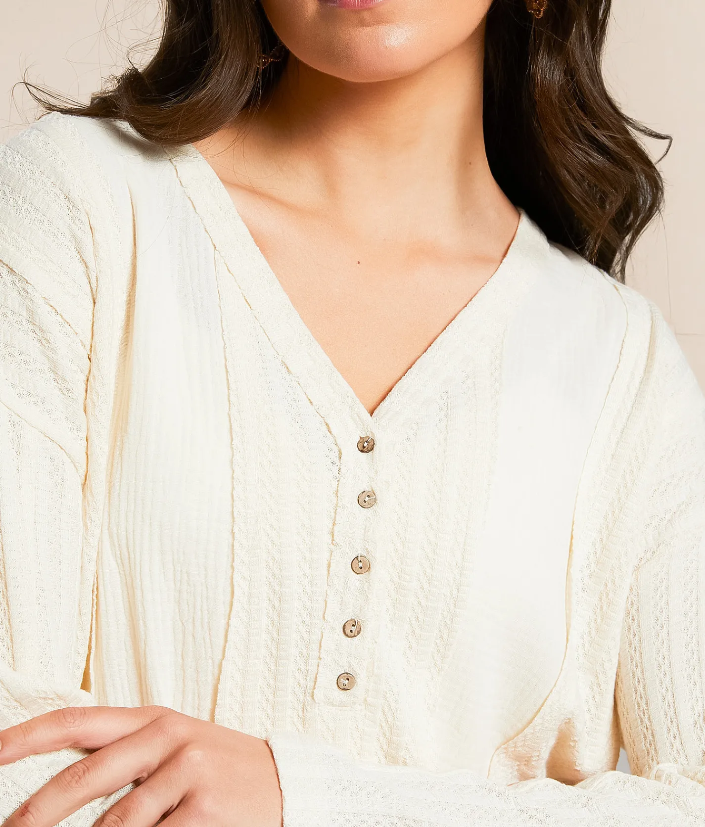 Tops | BKE Raw Edge Pieced Henley Cream