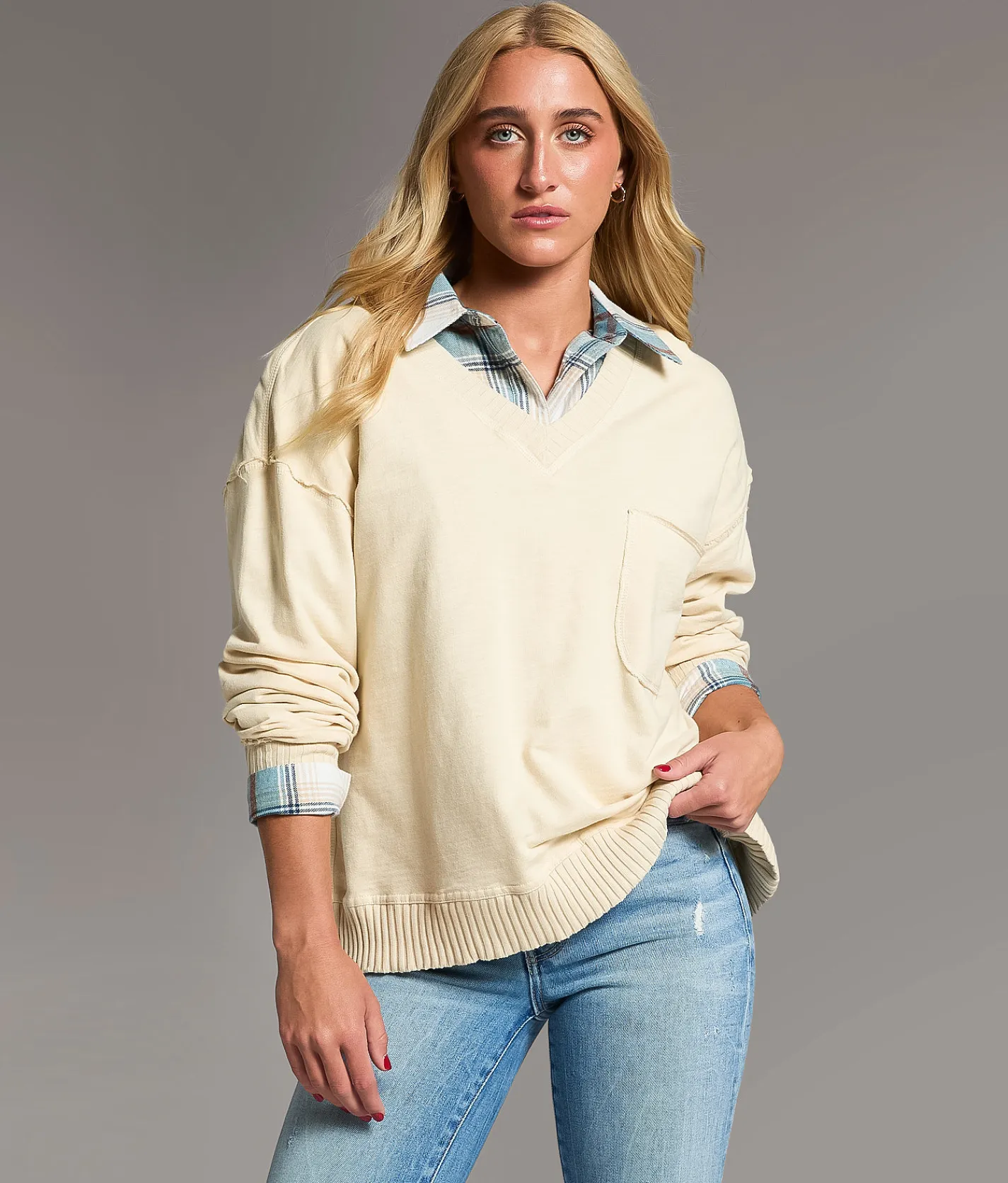 Tops | BKE Raw Edge Pullover Beige