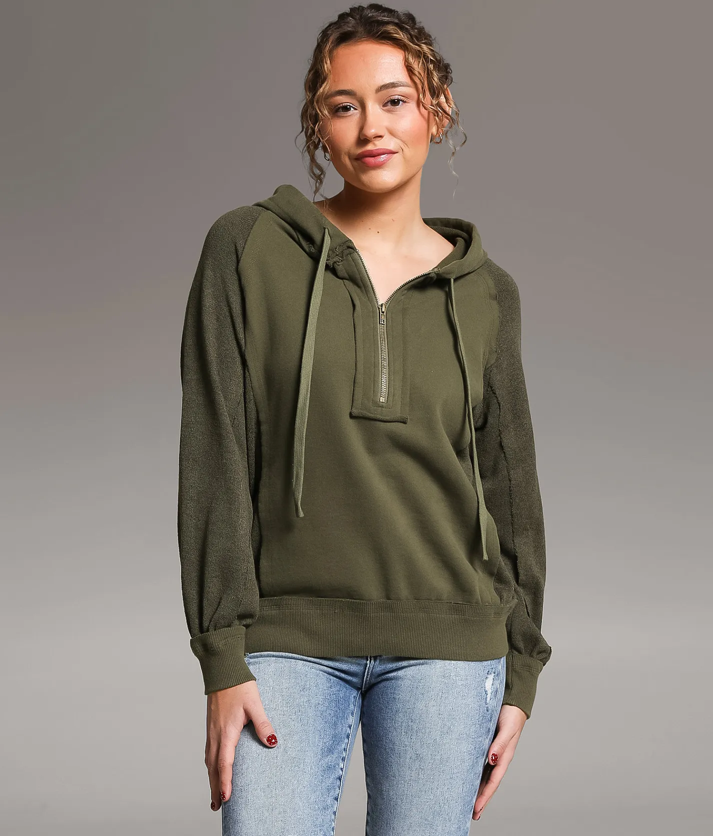 BKE Raw Edge Quarter Zip Hoodie Dusty Olive Online
