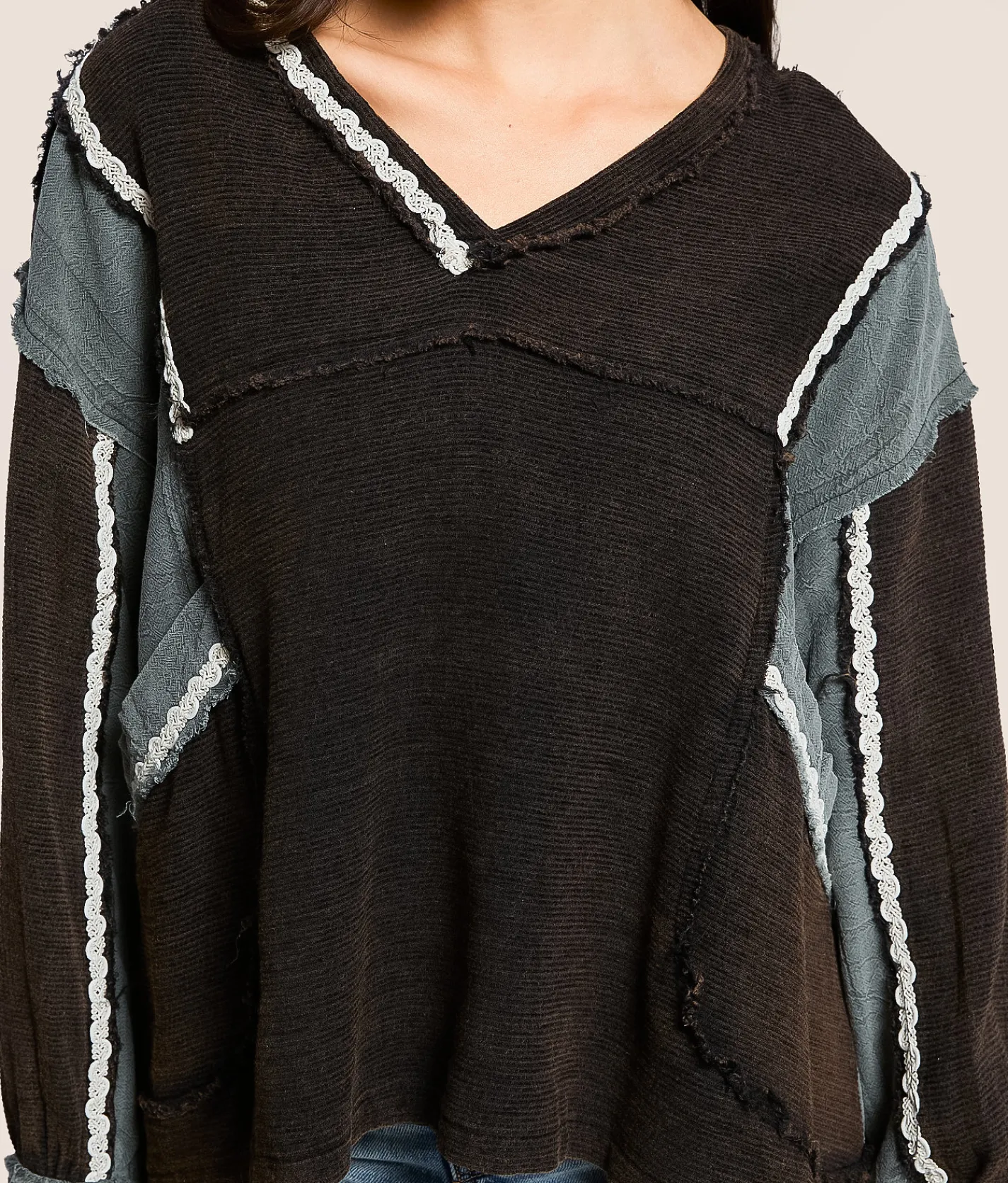 Tops | POL Raw Edge Ribbed Pullover Black