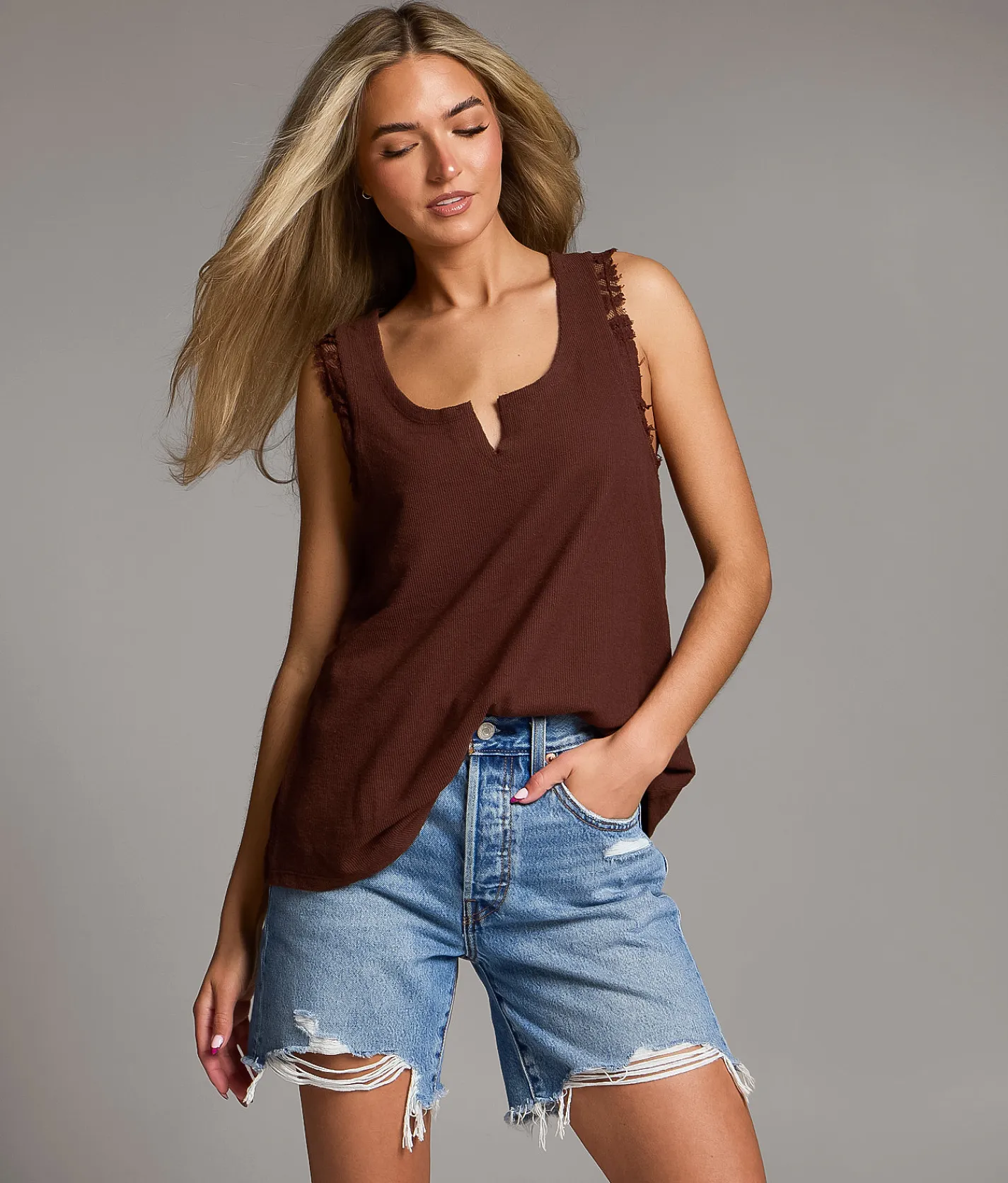 BKE Raw Edge Ribbed Tank Top French Roast Online