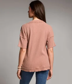 BKE Raw Edge Ribbed Top Burlwood
