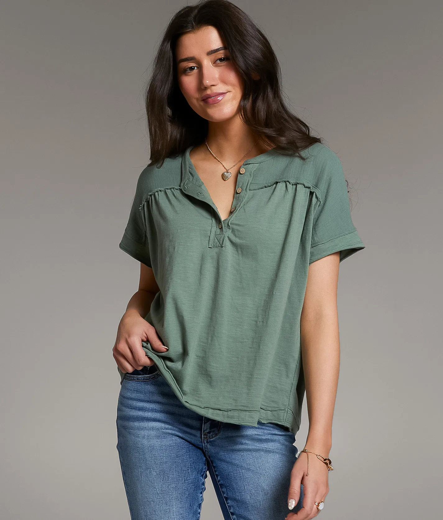 Tops | BKE Raw Edge Slub Knit Henley Sea Spray