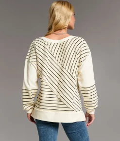 Tops | BKE Raw Edge Striped Pullover Cream Black Stripe