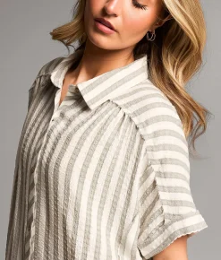 Tops | BKE Raw Edge Striped Shirt Vetiver Cream