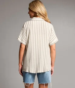 Tops | BKE Raw Edge Striped Shirt Vetiver Cream