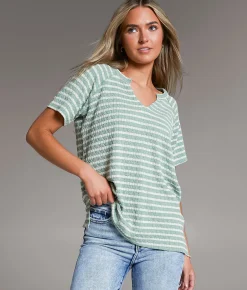 Tops | BKE Raw Edge Striped Top Sage Oat
