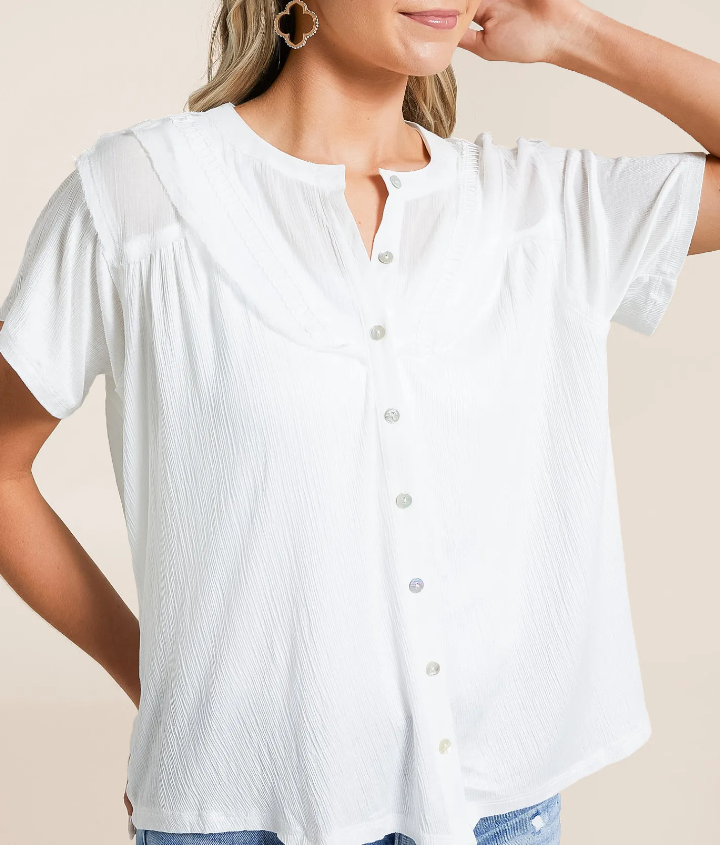Tops | Daytrip Raw Edge Textured Blouse White