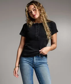 BKE Raw Edge Washed Henley Black New