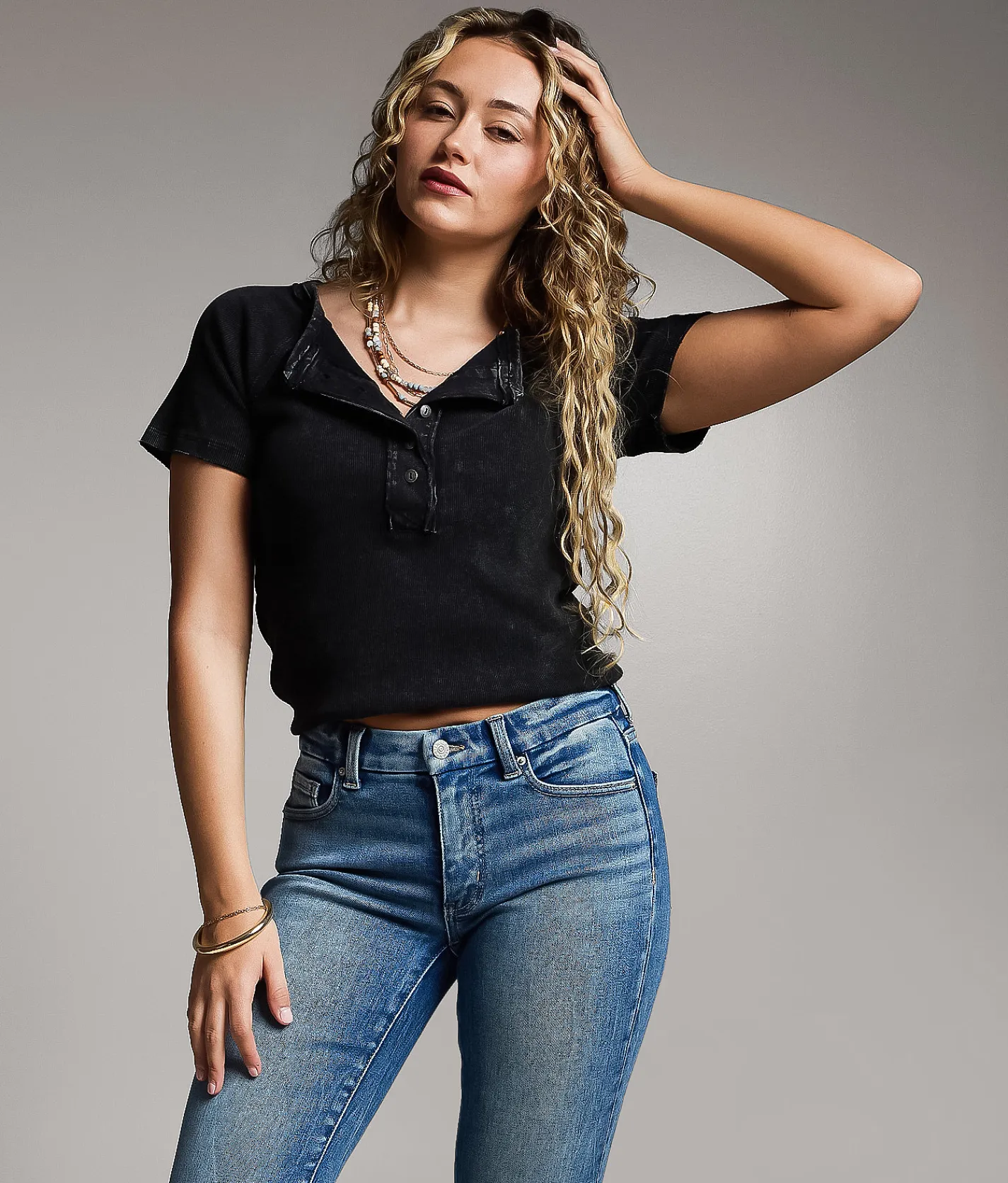 BKE Raw Edge Washed Henley Black New