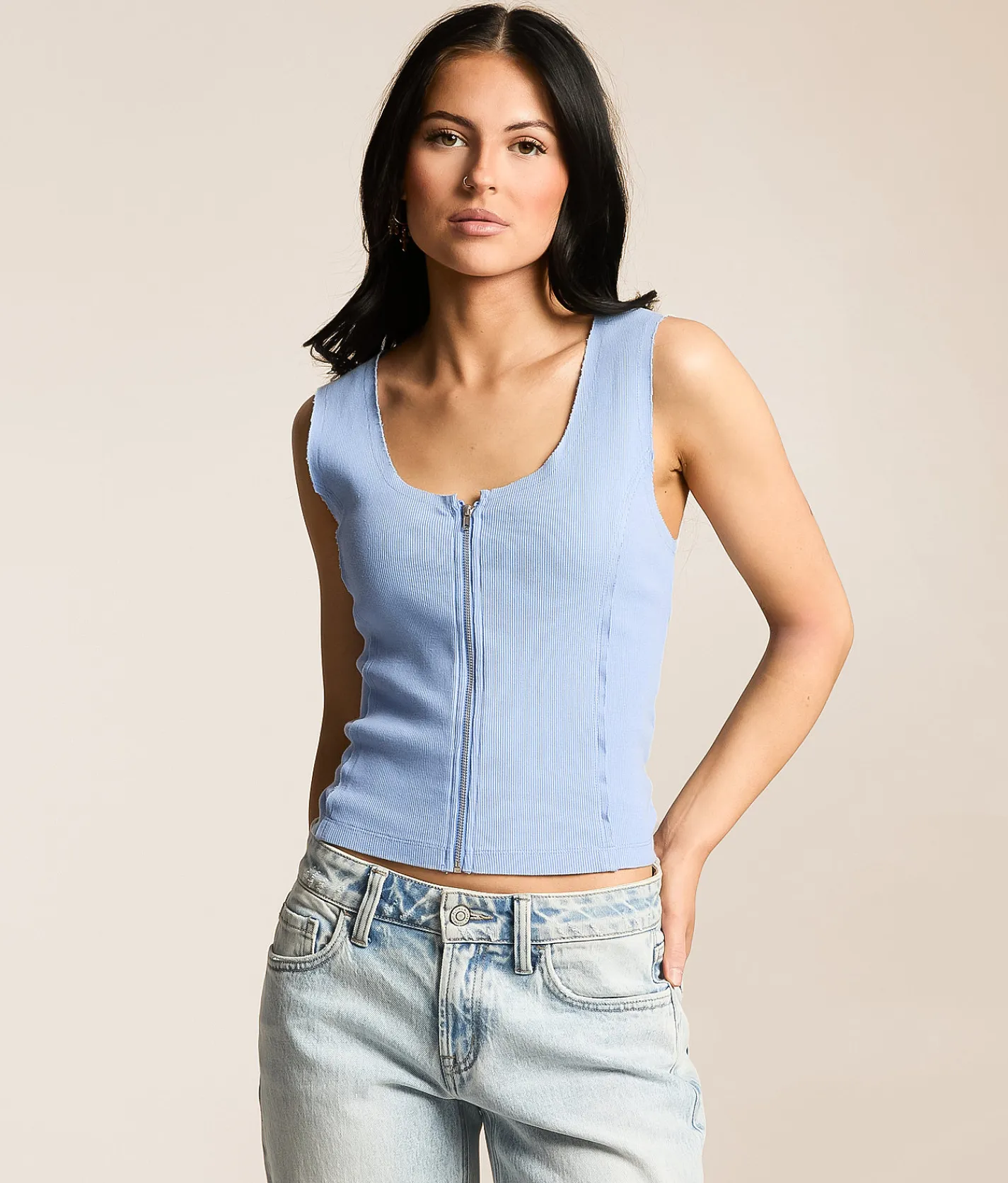 Gilded Intent Raw Edge Washed Tank Top Vista Blue Online