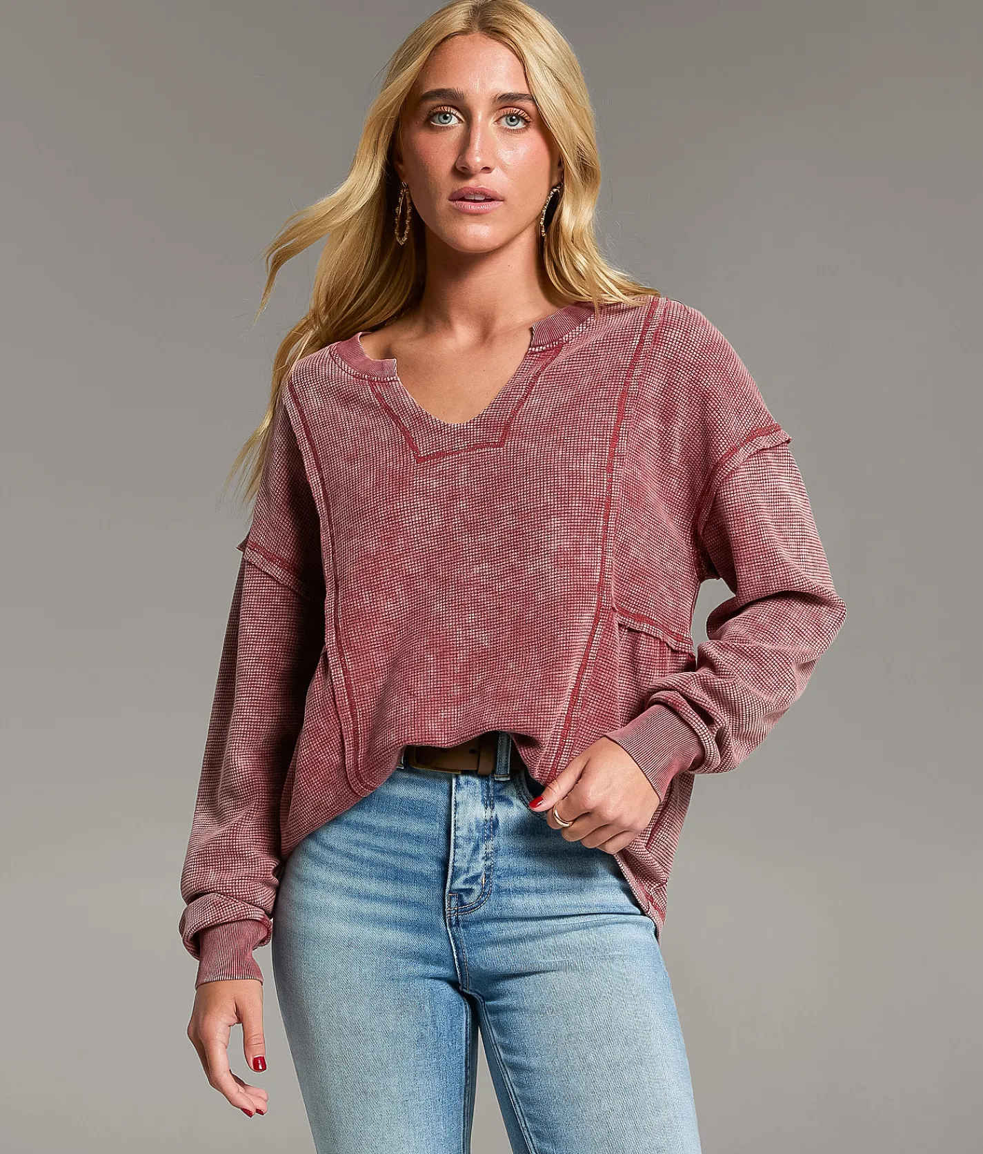 Tops | BKE Raw Edge Washed Thermal Spiced Apple
