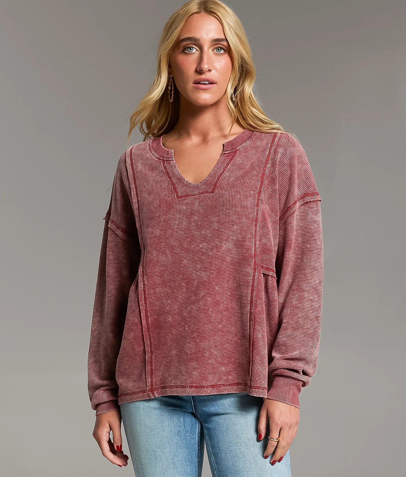 Tops | BKE Raw Edge Washed Thermal Spiced Apple