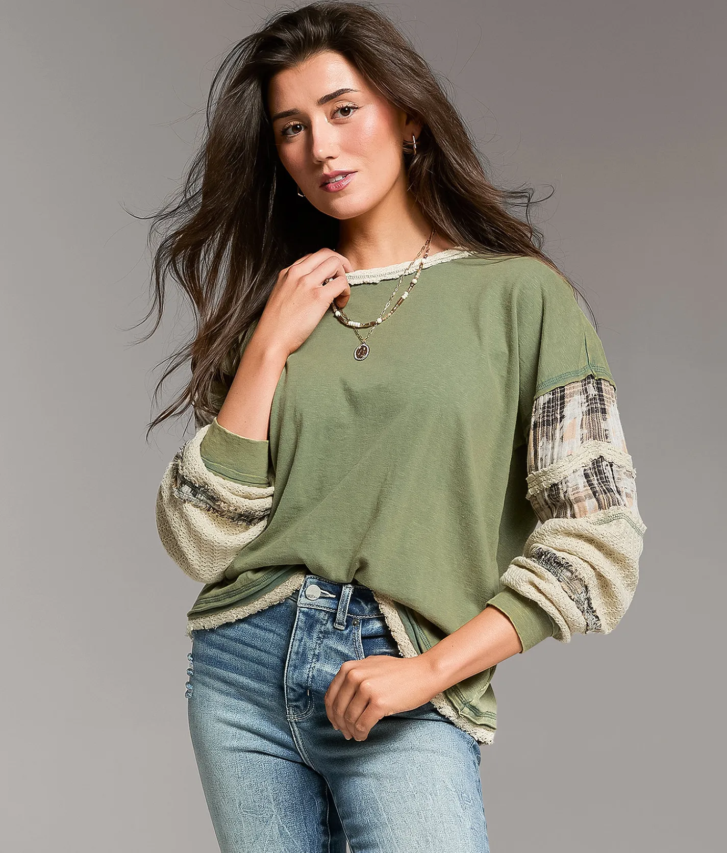 Tops | BKE Raw Edge Washed Top Cream Sage