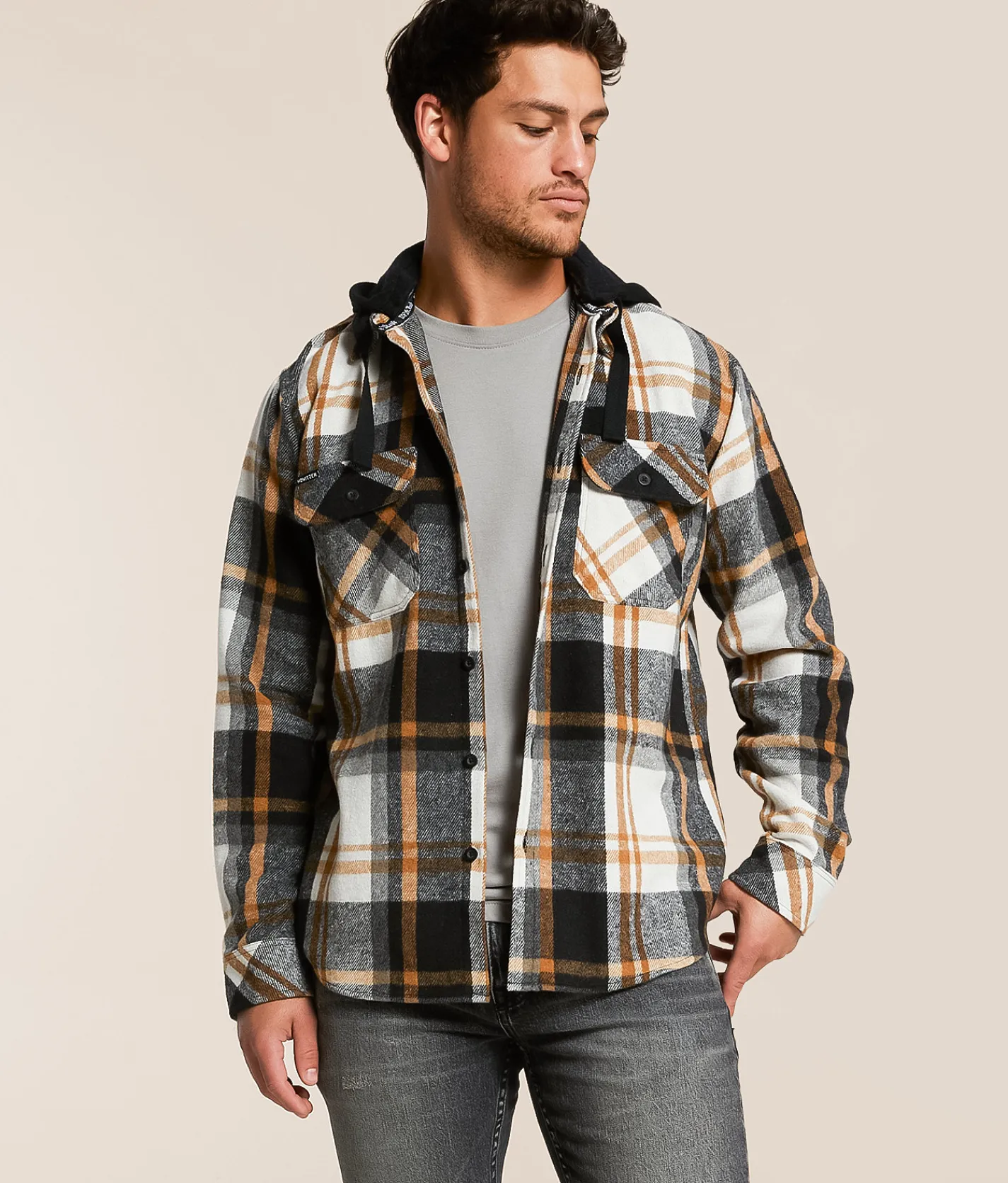 Tops | Howitzer Rebellion Flannel Hooded Shirt Cream Brown Grey Black