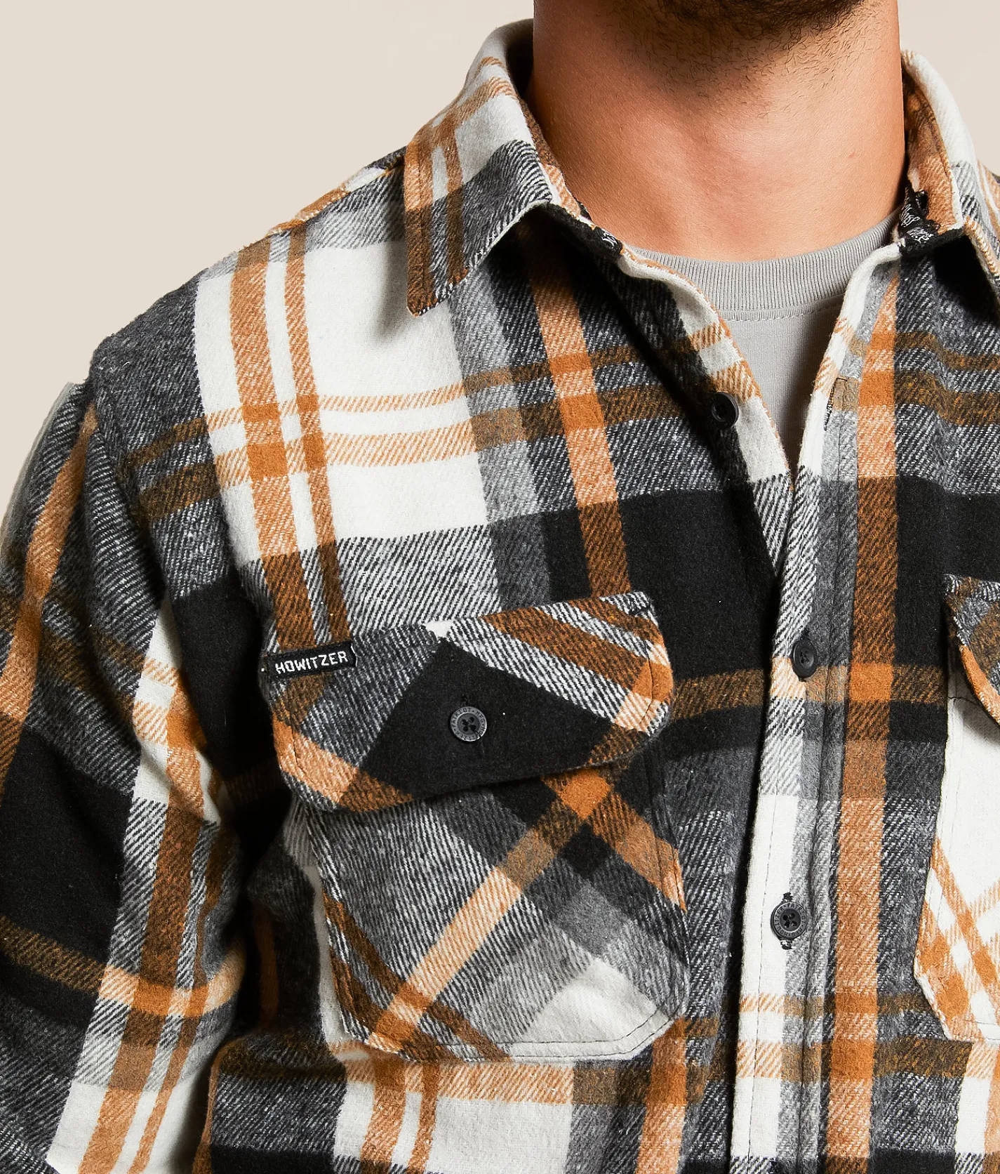 Tops | Howitzer Rebellion Flannel Hooded Shirt Cream Brown Grey Black