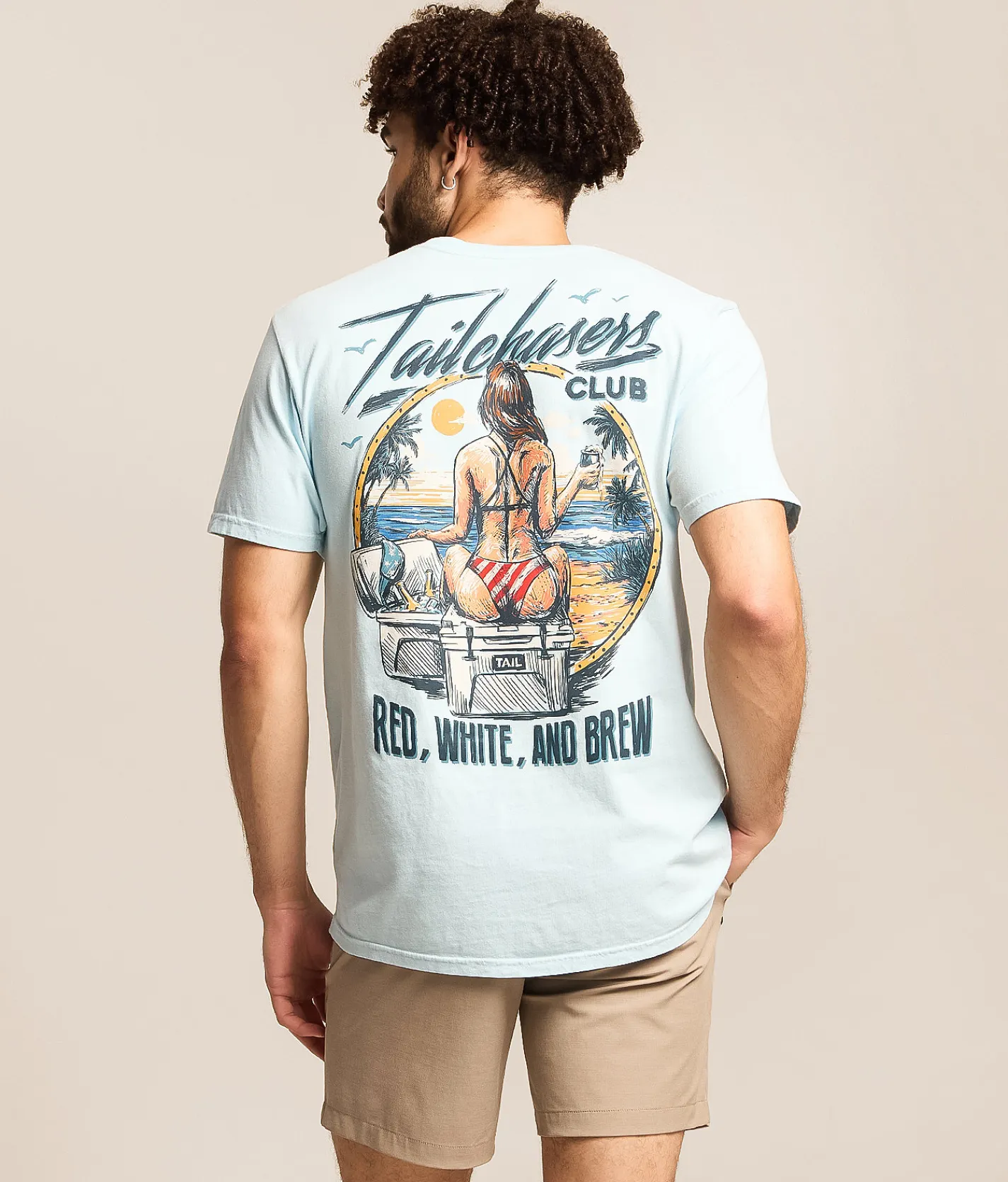 Tops|Graphic T-Shirts | Tail Chasers Club Red White Brew T-Shirt Soft Chambray Pigment Dye
